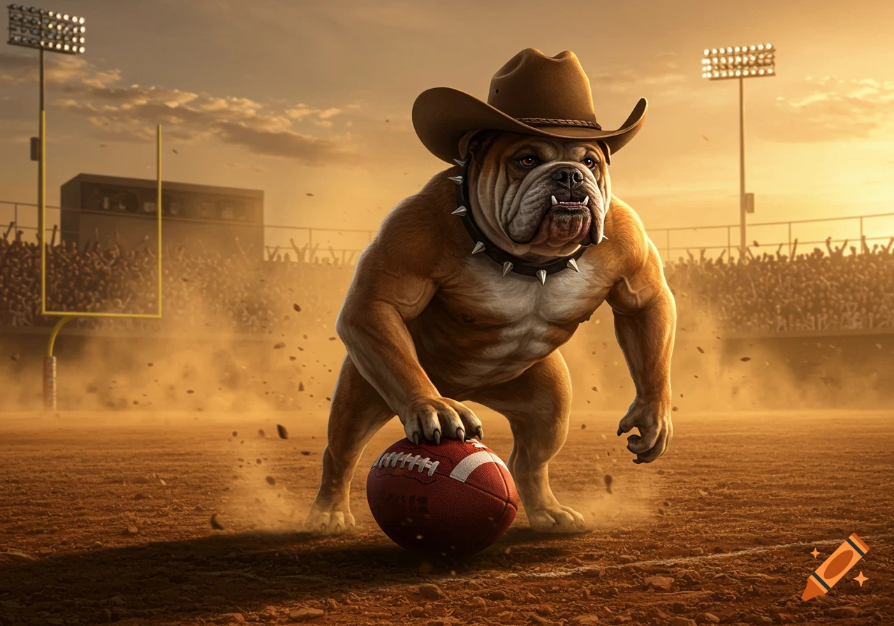 A muscular bulldog wearing a cowboy hat stands on a dusty football field with its paw on a football, stadium and sunset in background. Photorealistic style.