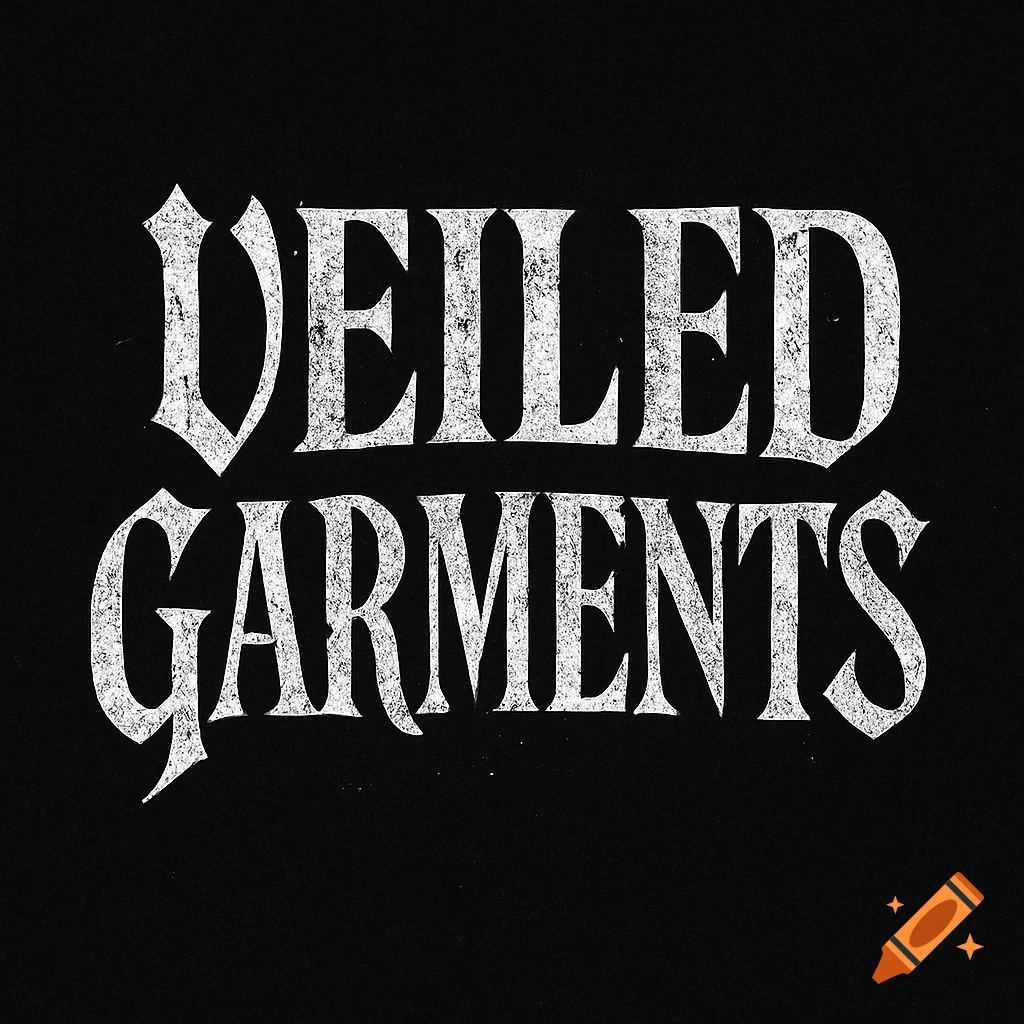 White distressed gothic text 'VEILED GARMENTS' on a black background, serving as a logo.