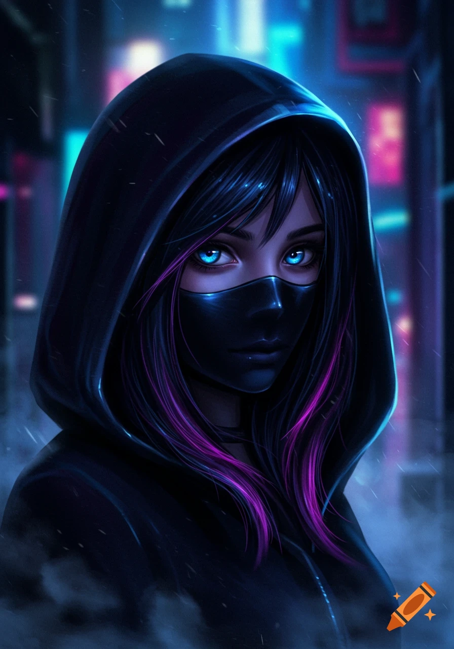 Digital art of a girl with black hair, purple highlights, and bright blue eyes, wearing a black mask and hoody in a neon city.