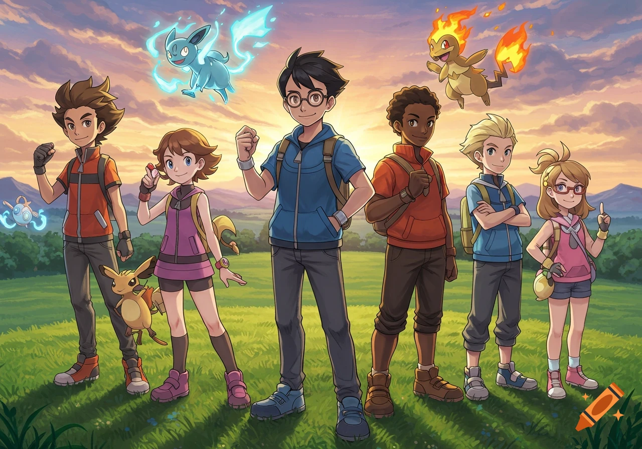 Six anime-style Pokemon trainers and four Pokemon stand in a grassy field at sunset. A boy with glasses is in the center, flanked by other trainers and their creatures.