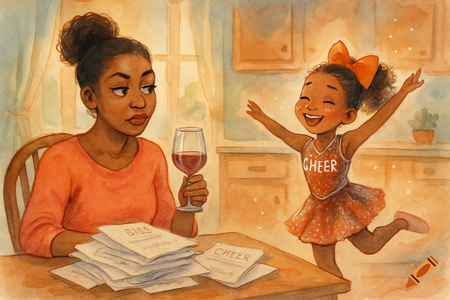 A watercolor illustration of a mom with a side-eye expression, holding a wine glass and looking at her daughter. The daughter, in a sparkly cheer outfit, smiles and twirls. Bills and cheer forms are piled on the table.
