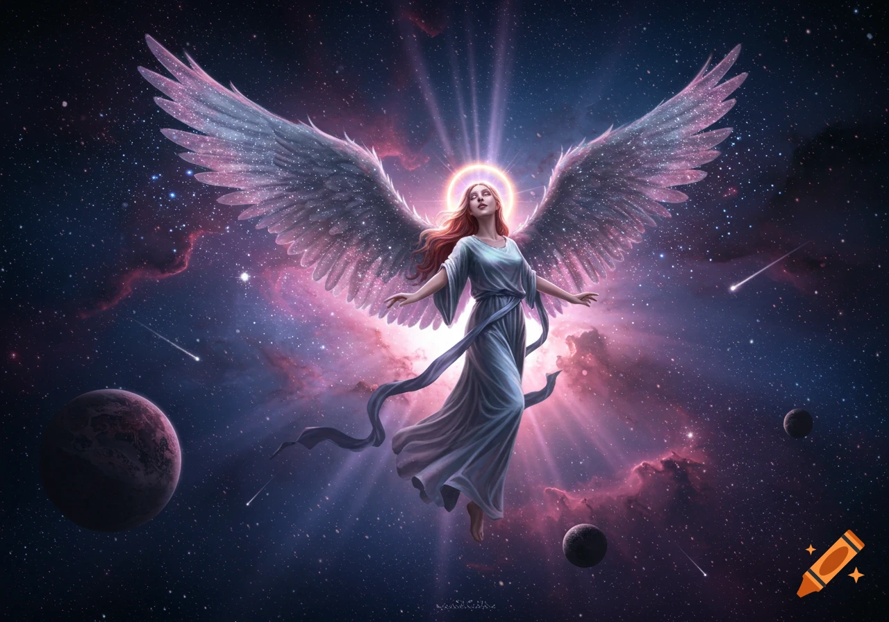 A winged angel with a halo floats in a vibrant cosmic sky among planets and stars.