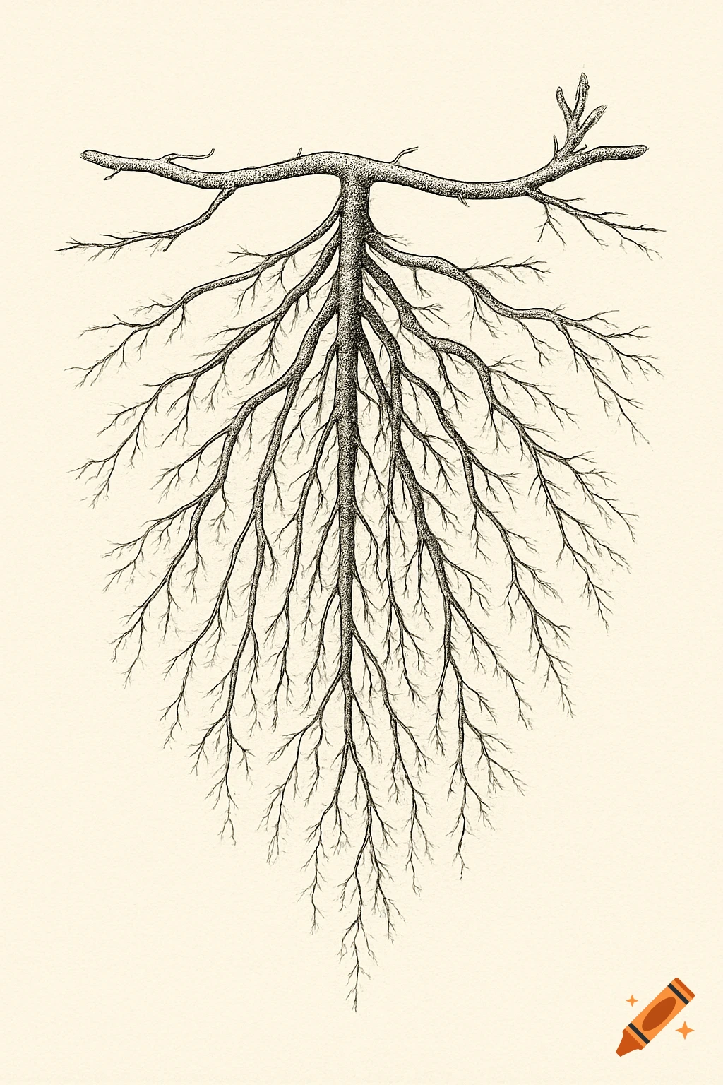Detailed black and white pen and ink botanical illustration of a complex root system with fibrous roots and rhizomes.