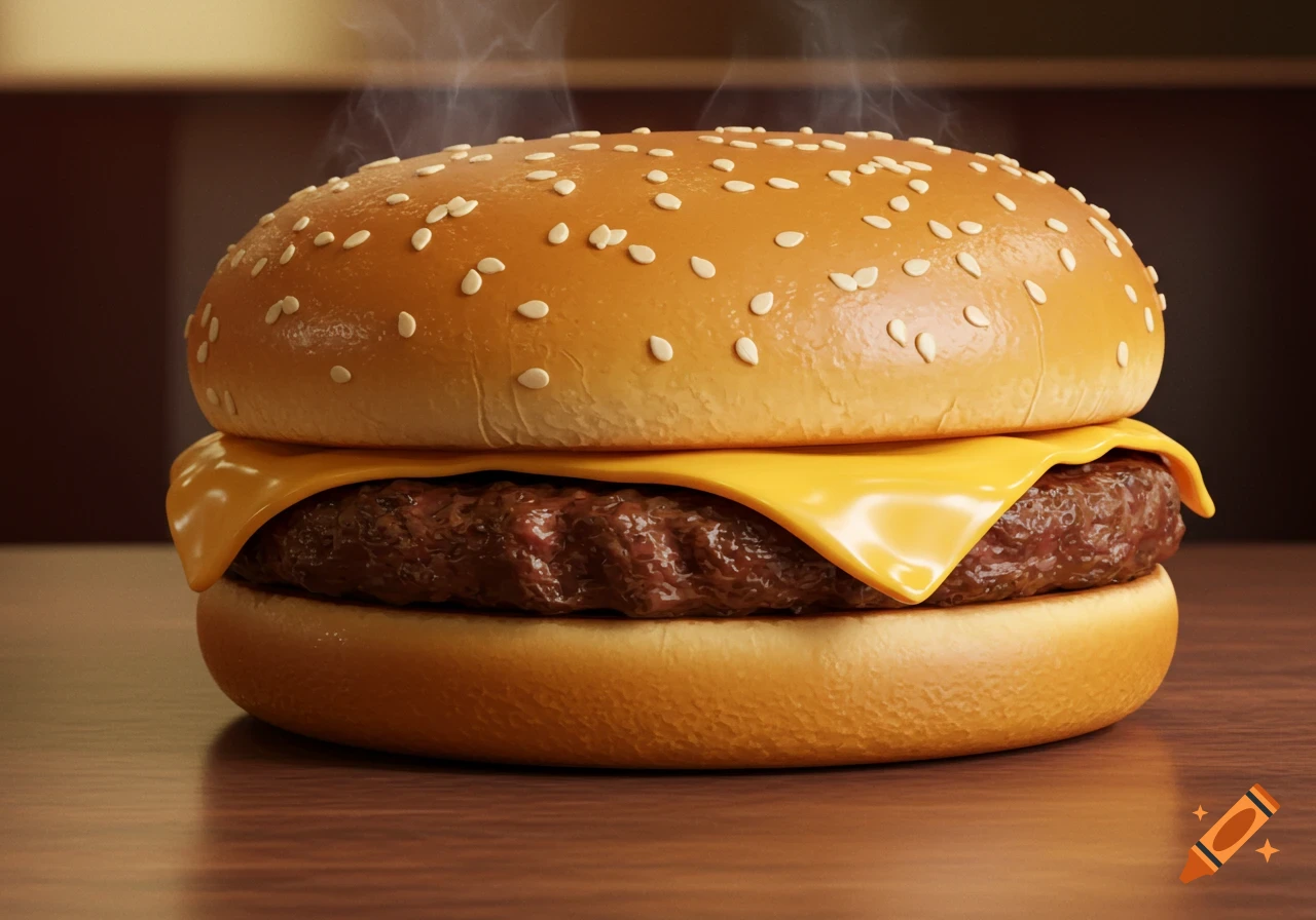 A close-up, photorealistic image of a steaming cheeseburger on a wooden table.