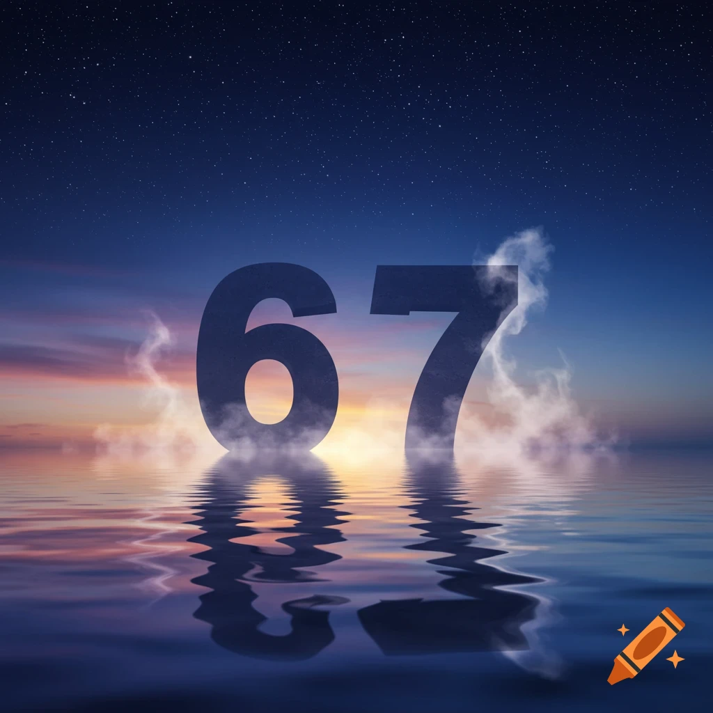 The large numbers 67 rise from calm water at sunset, reflecting the vibrant sky, with a starry night sky above.