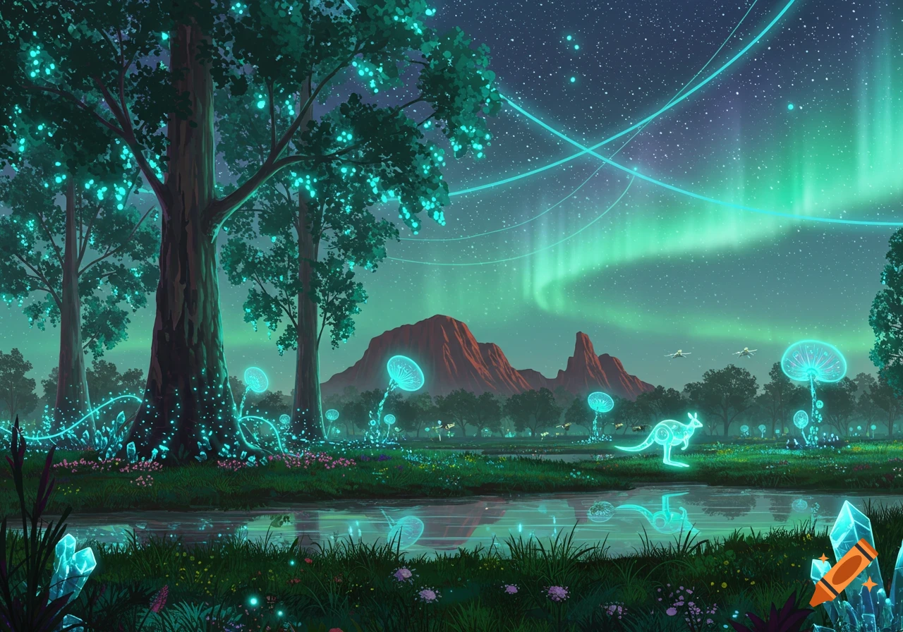 A vibrant, futuristic Australian landscape at night with glowing plants, a kangaroo, red rock formations, and an aurora-lit sky.