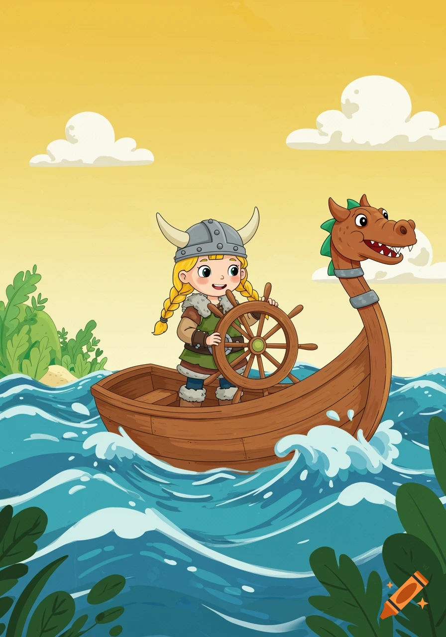 Cartoon viking girl with blonde braids and a horned helmet steering a dragon-headed longboat on a wavy sea under a yellow sky.