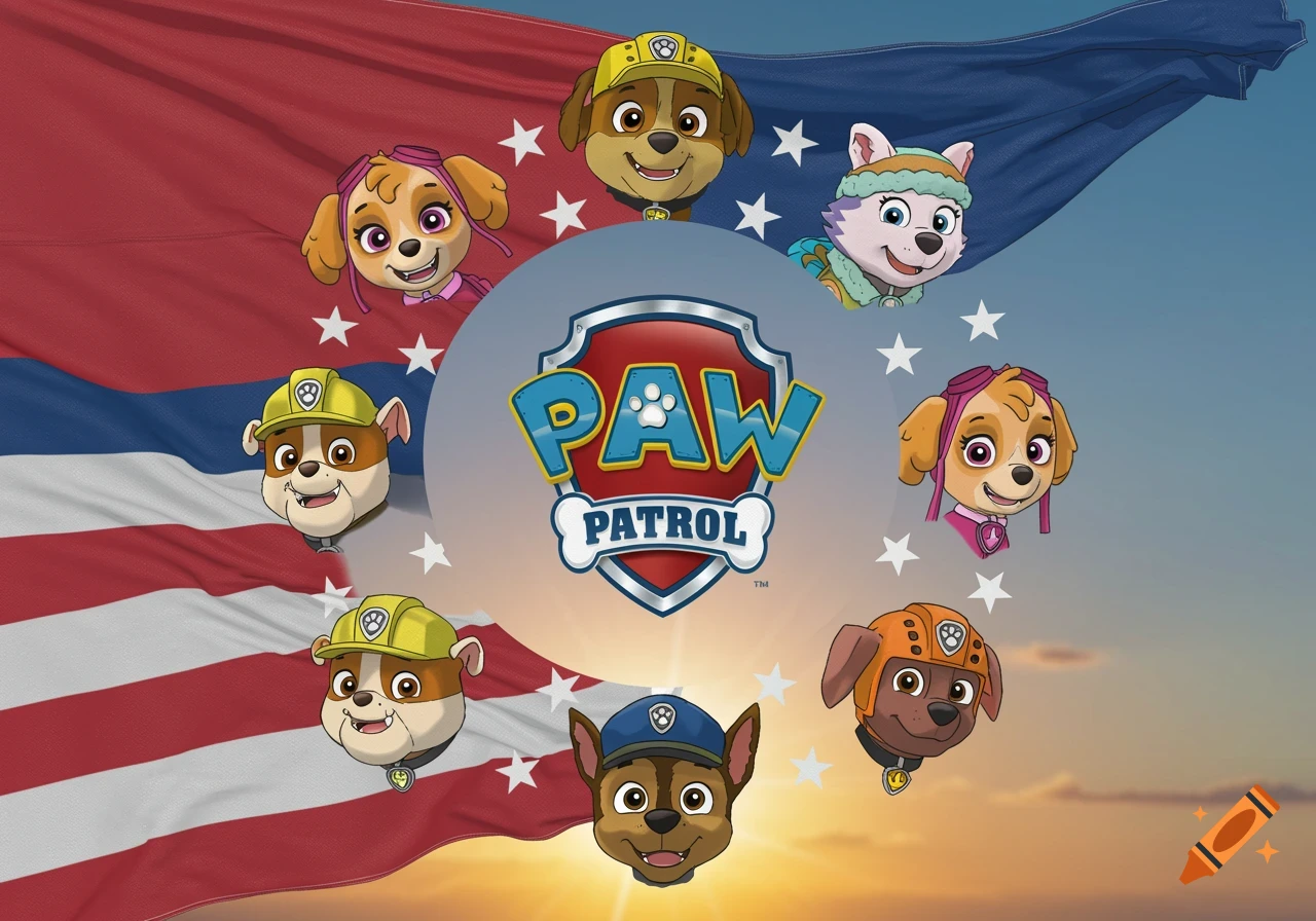 Paw Patrol characters' faces encircle the Paw Patrol logo, set against a waving American flag and a sunset sky.