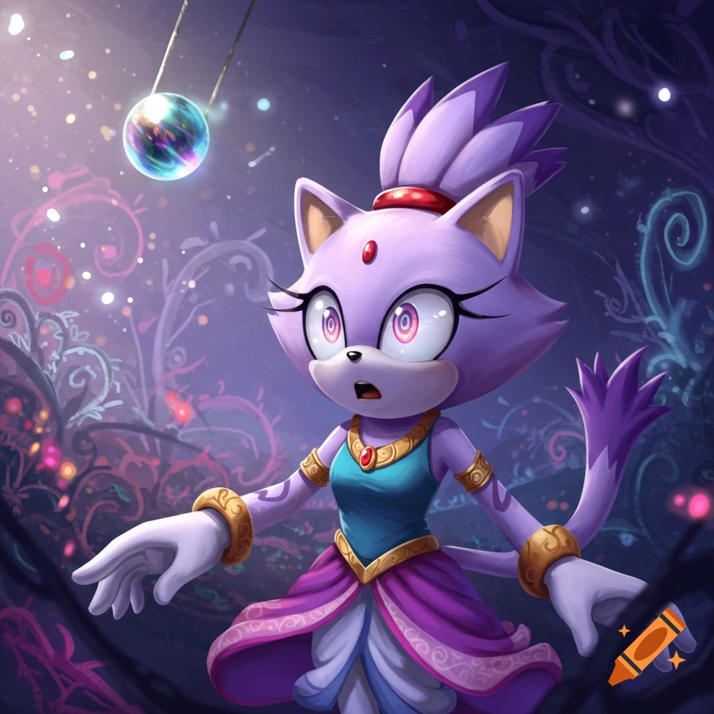 Blaze the Cat looking mesmerized at a glowing pendulum in a vibrant, fantastical setting.