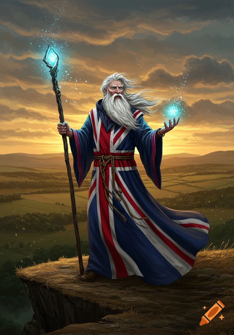 A majestic wizard with a long white beard and a robe resembling the Union Jack stands on a cliff, holding a glowing staff and casting magic at sunset over a lush landscape.
