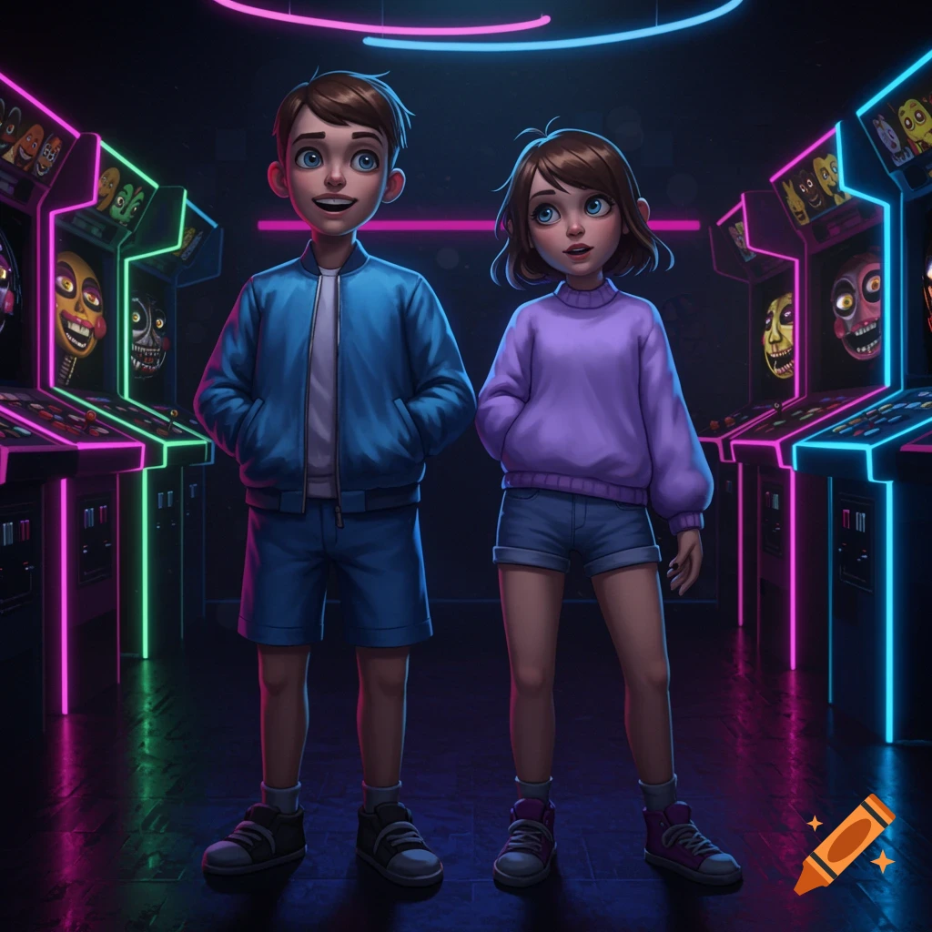 A cartoon boy and girl stand in a neon-lit arcade with creepy faces on game machines. The boy wears a blue jacket, the girl a purple sweater.