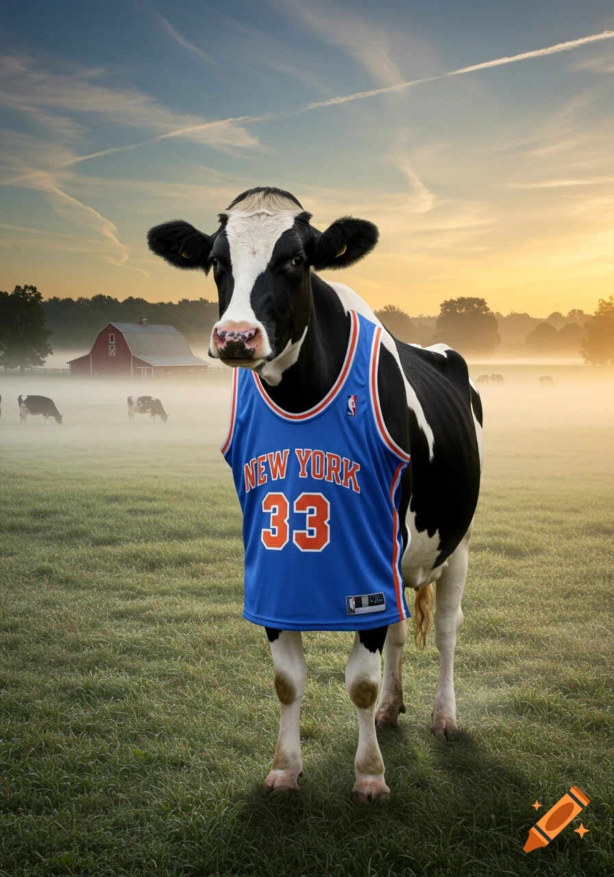 A photorealistic cow wearing a blue New York Knicks jersey with 'NEW YORK' and '33', standing in a misty farm field at sunrise.