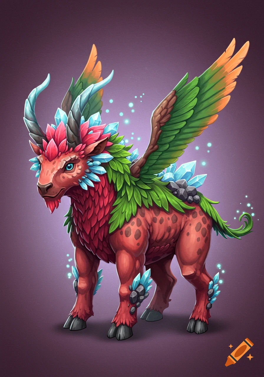 A colorful, cartoonish fantasy monster with red fur, green leaves, crystal horns and body accents, and large wings, on a purple background.