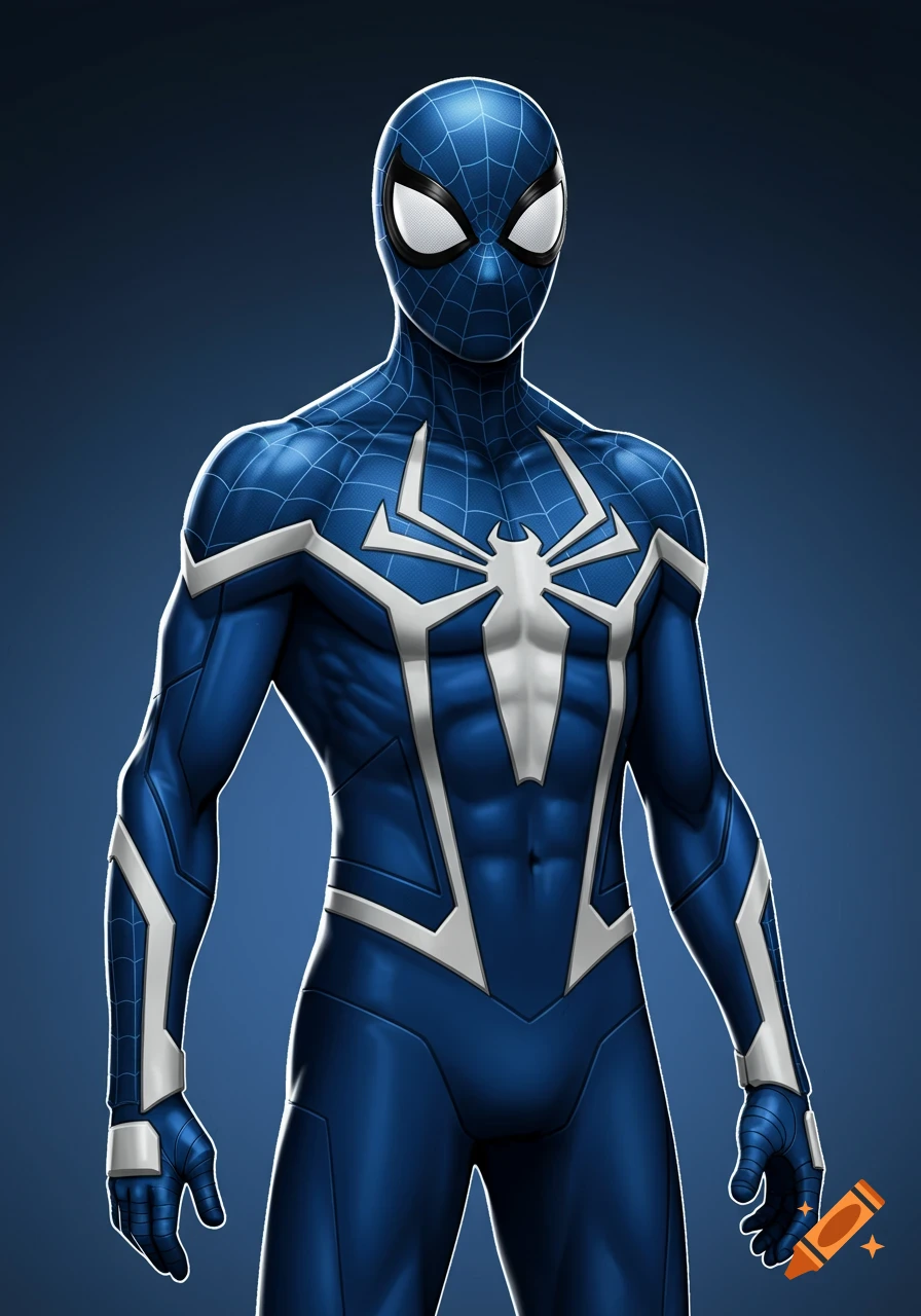 A blue and white superhero in a sleek, form-fitting suit with a prominent white spider emblem on the chest.