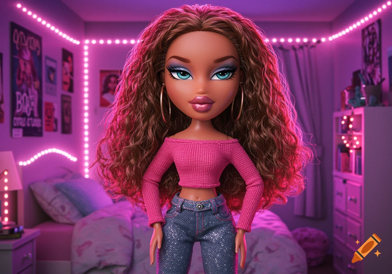 A Bratz doll with long brown curly hair, a pink off-shoulder top, and sparkly jeans stands in a purple neon-lit bedroom.