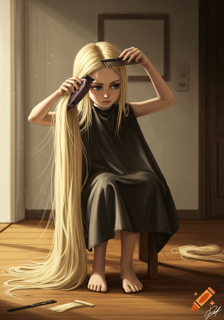 Digital illustration of a serious young girl cutting her long blonde hair with clippers, a pile of chopped hair on the floor.