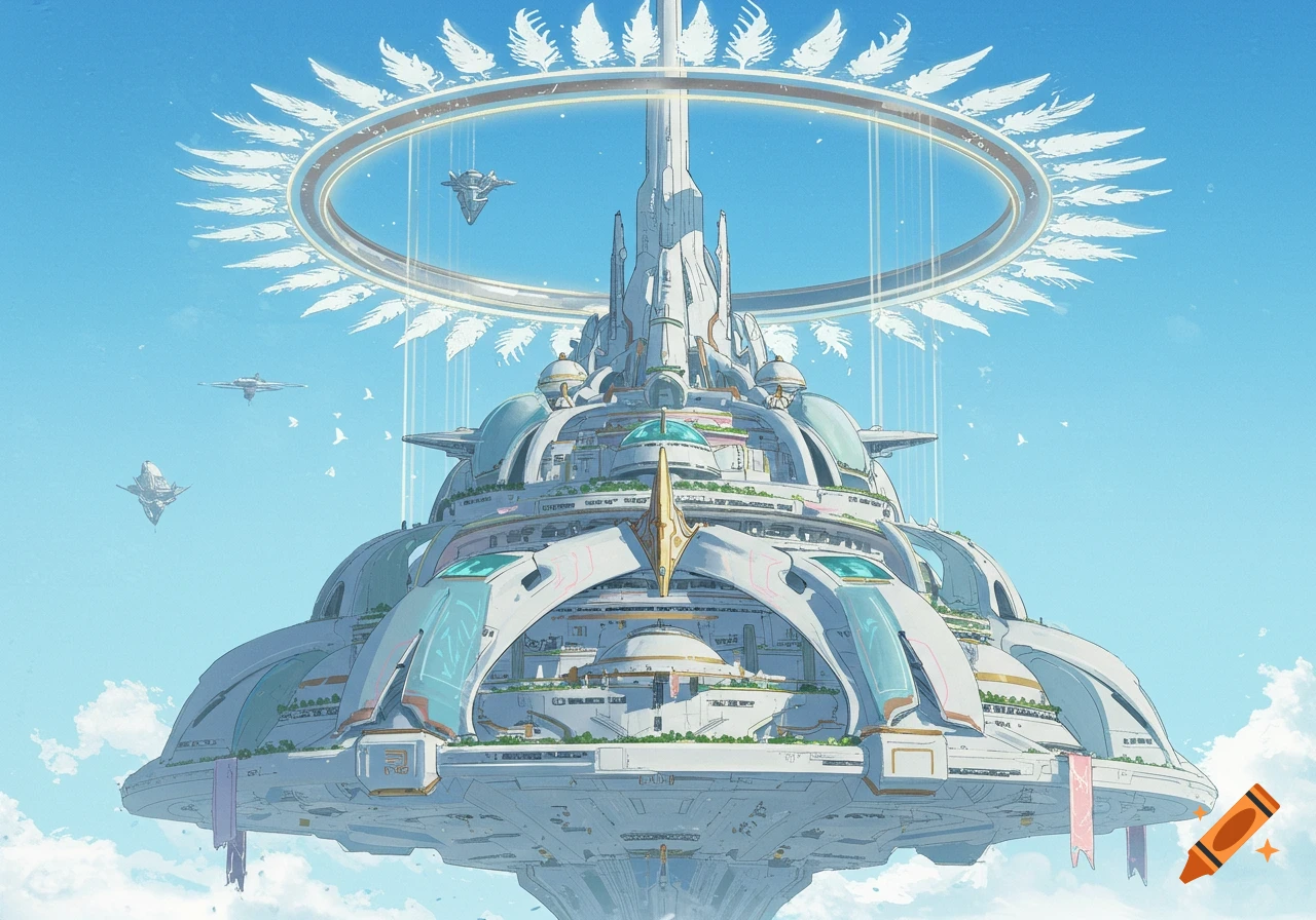 A fantastical, futuristic city structure, ornate and glowing, floats in a bright blue sky with a winged halo and flying ships.