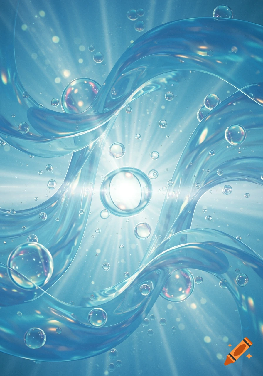 Abstract blue waves, reflective bubbles, and radiating light rays from a central glowing orb.
