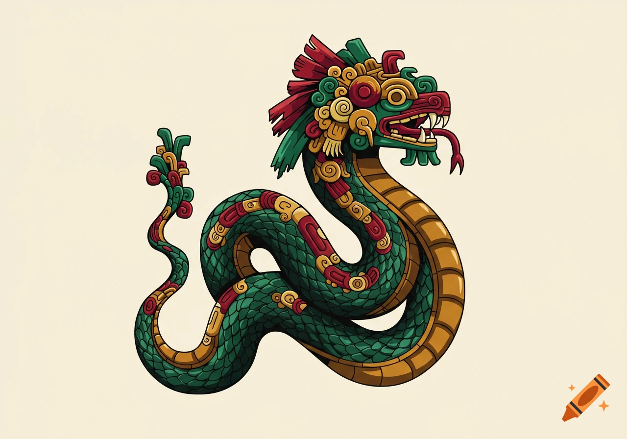 A vibrant illustration of a stylized Mayan feathered serpent in green, red, and gold, coiled on a light background.