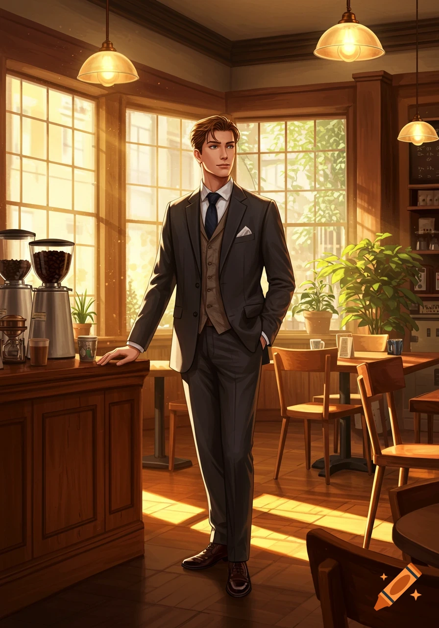 An illustrative portrait of a handsome man in a suit standing in a sunlit coffee shop.