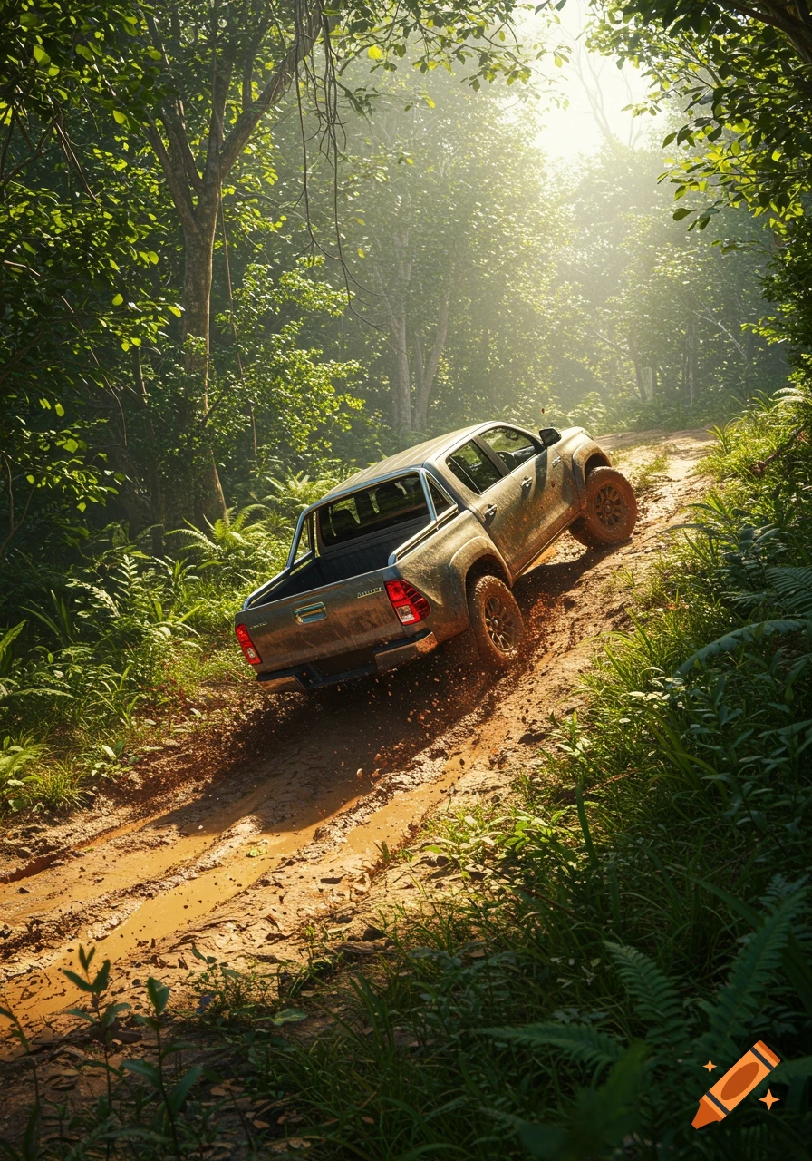 A photorealistic pickup truck drives up a muddy hill in a dense, sunlit forest with foliage and dirt splashing.