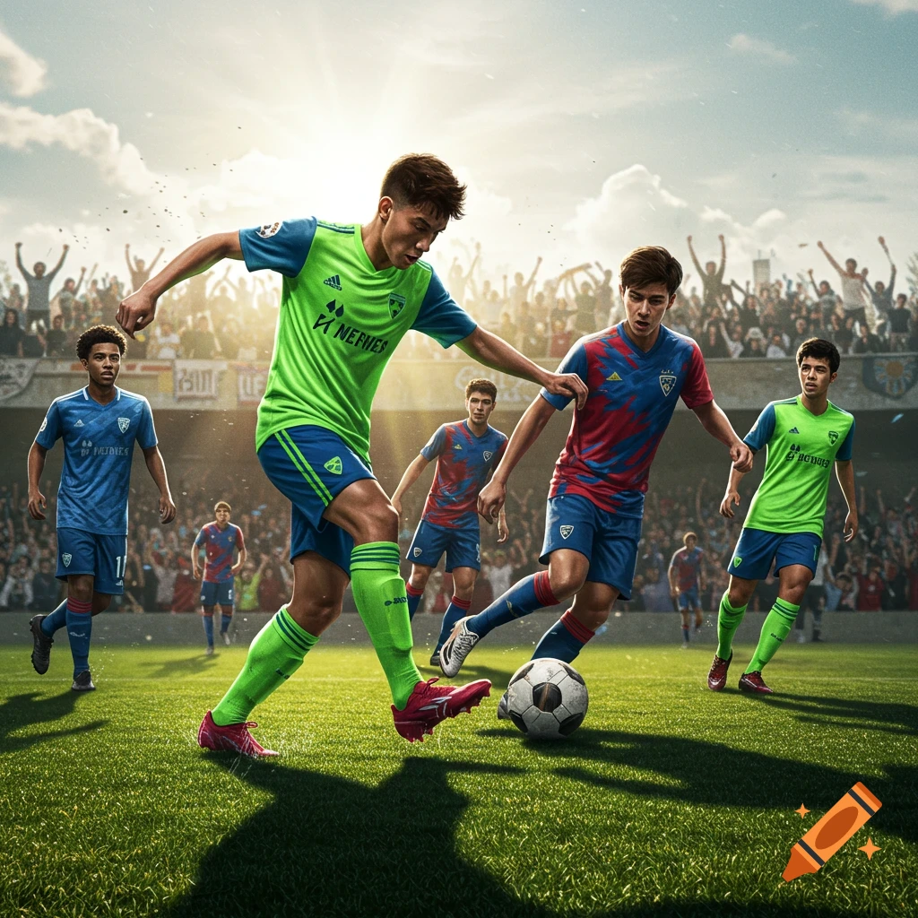 A dynamic shot of a soccer game, with two players contesting the ball in the foreground, and other players and cheering fans in a stadium background under a sunny sky.