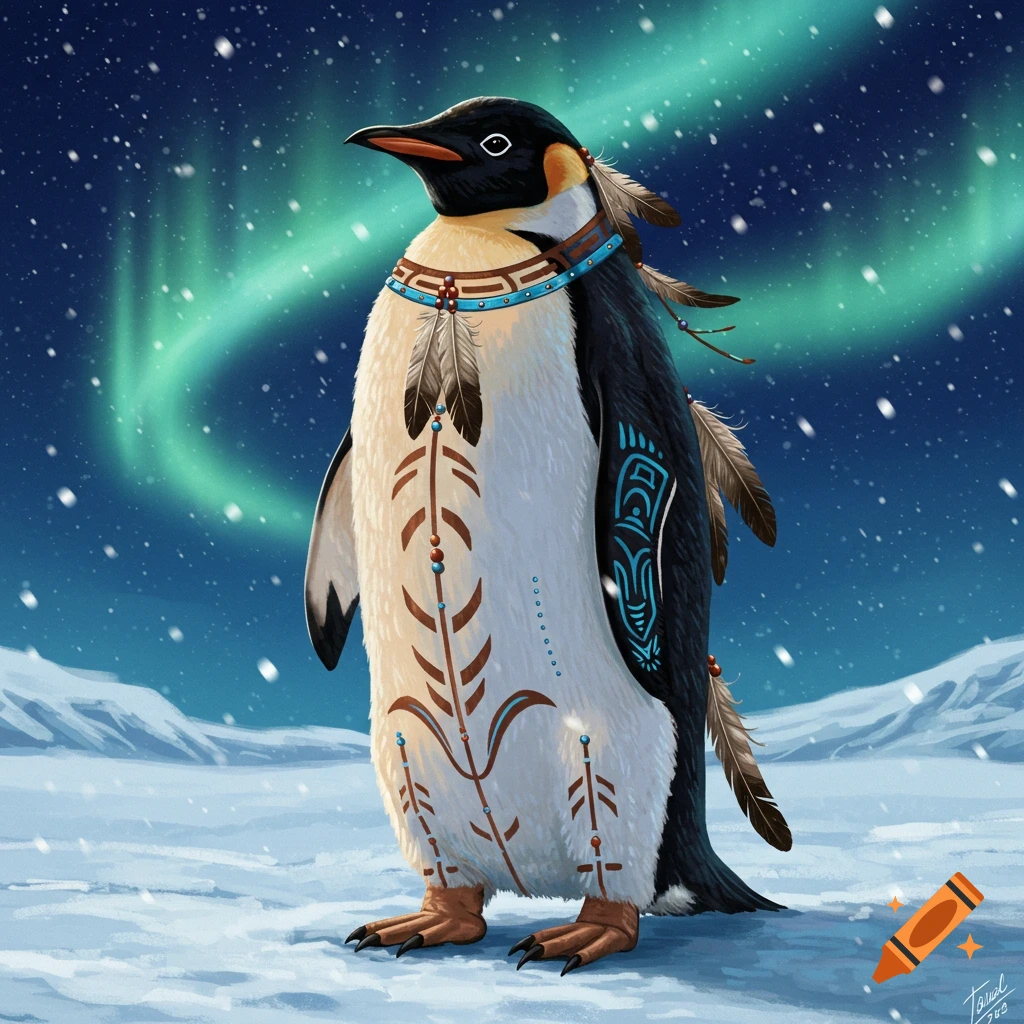 A majestic emperor penguin adorned with feathers and tribal patterns stands in a snowy arctic landscape under the aurora borealis, digital art.