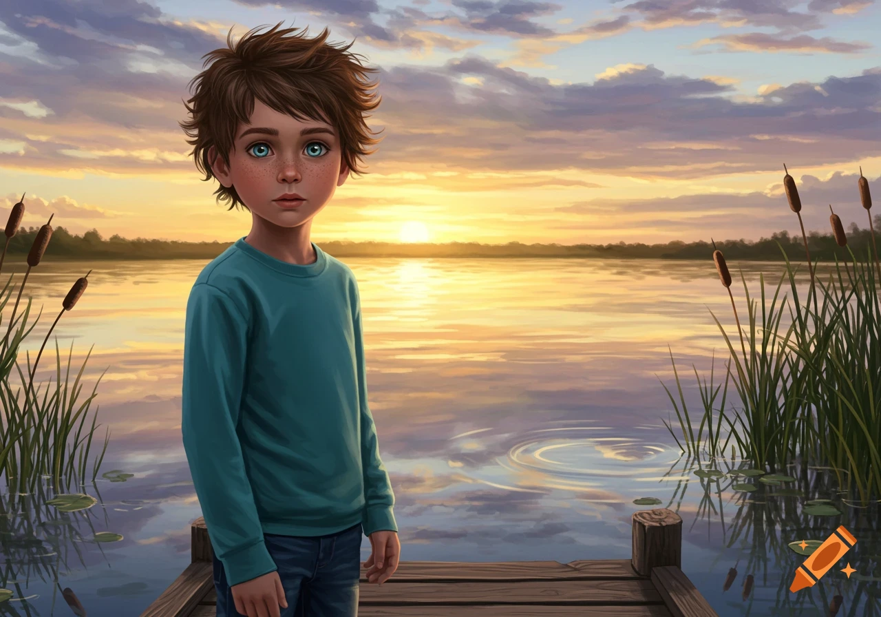 Digital painting of a young boy with brown hair and blue eyes standing on a dock by a lake at sunset.