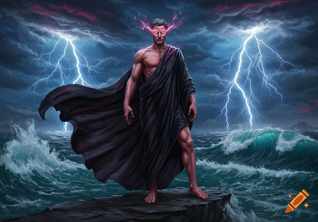 Powerful man with glowing red eyes and dark cloak on a rock in a stormy sea with lightning. Digital art.