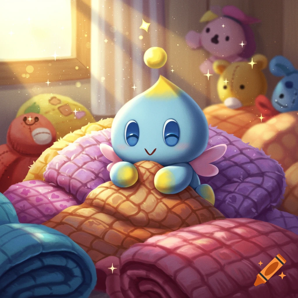 A cute blue and yellow Chao character sits on a pile of colorful blankets and pillows, surrounded by plush toys in a warm, sunny room.