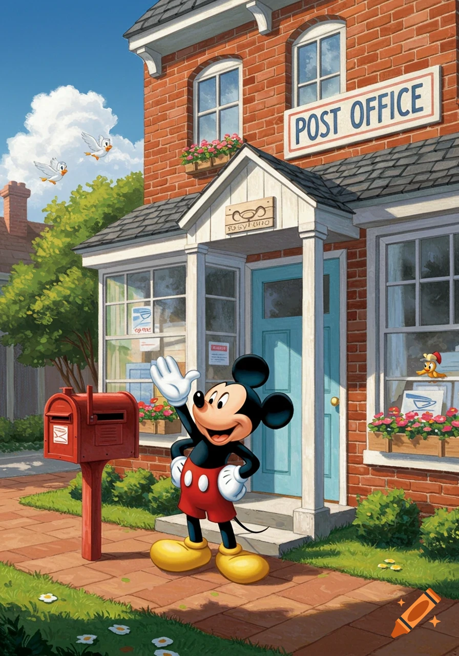 Mickey Mouse waves in front of a brick post office building under a blue sky, with a red mailbox to his left. Two cartoon birds fly in the sky.