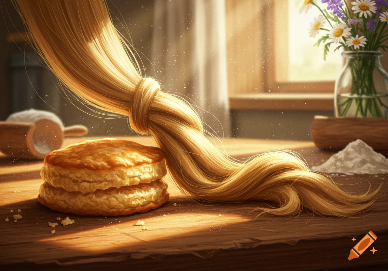 A knot of blonde hair rests on two golden biscuits on a wooden table, with baking ingredients and wildflowers in a sunny background.