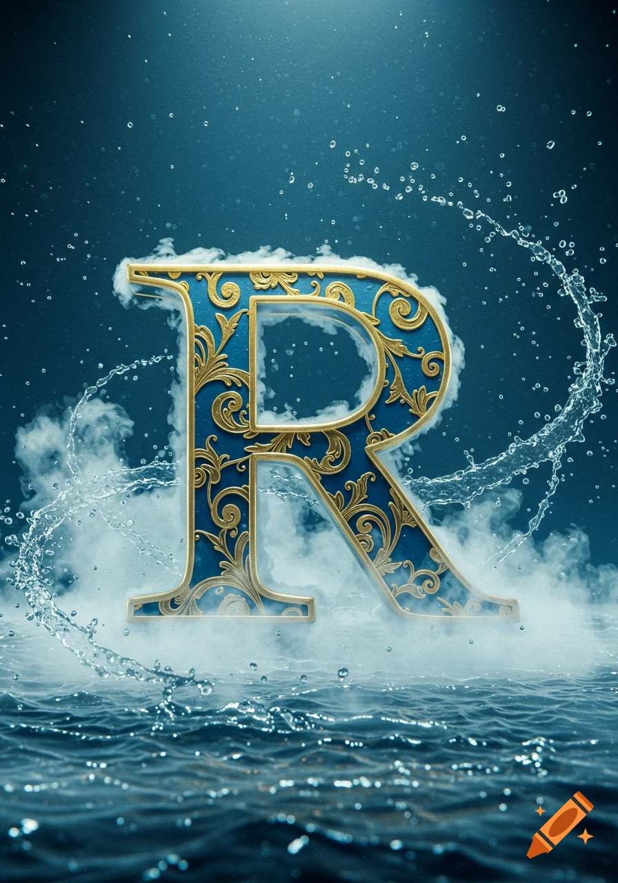 A decorative blue and gold letter R emerges from misty water with splashing droplets.