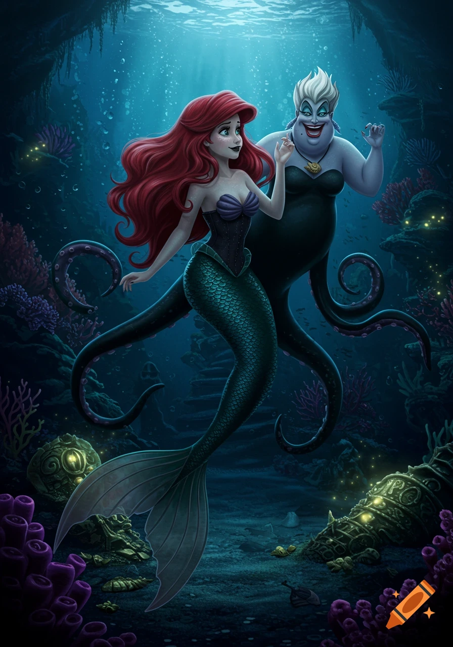 Red-haired mermaid Ariel swims in a dark underwater scene with the sea witch Ursula looming behind her.