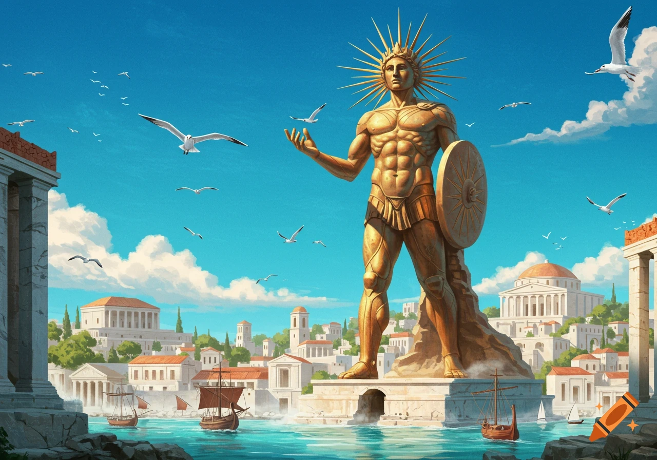 A giant golden statue of the Colossus of Rhodes, wearing a sun-ray crown and holding a shield, overlooks an ancient harbor city.