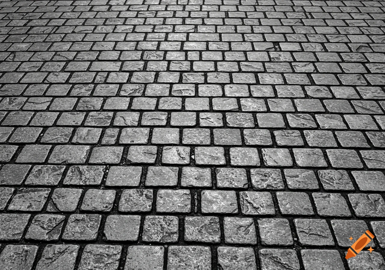 Close-up black and white image of a cobblestone pavement pattern.