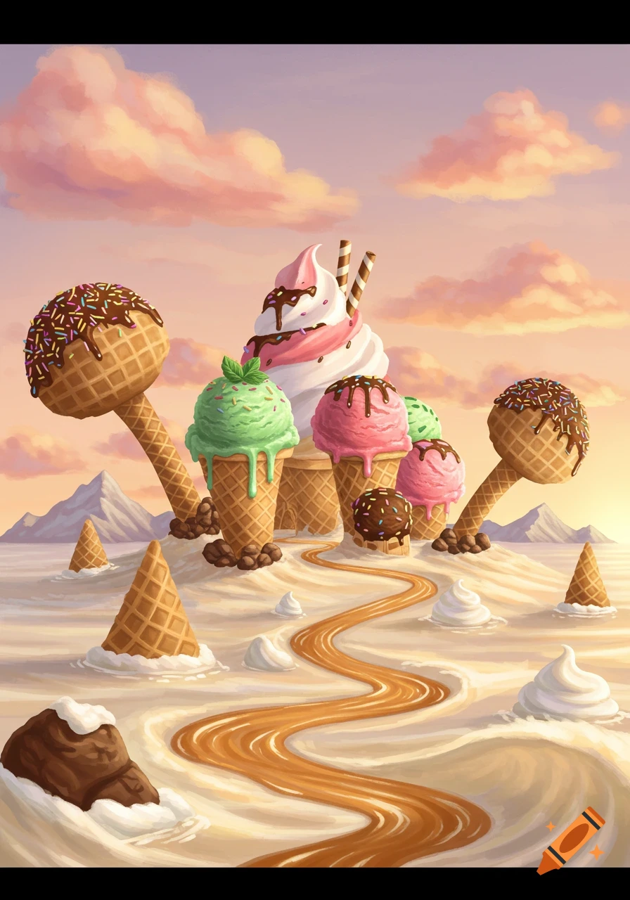 Whimsical illustration of an ice cream island in a creamy ocean, featuring giant cones, sprinkles, syrup roads, and a pastel sky.