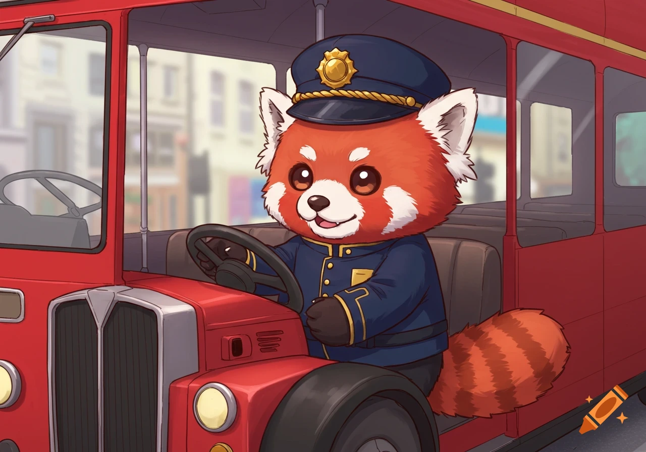 A cute cartoon red panda in a bus conductor uniform drives a red double-decker bus in a whimsical illustration.