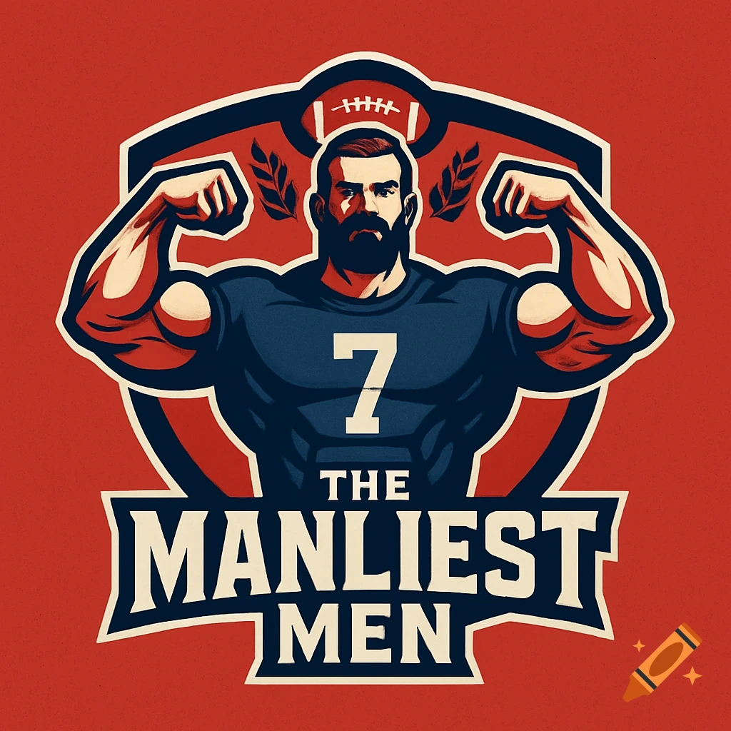 A stylized logo features a muscular, bearded man in a blue jersey with '7', flexing his biceps. Above is a football, and text 'THE MANLIEST MEN' below, on a red background.