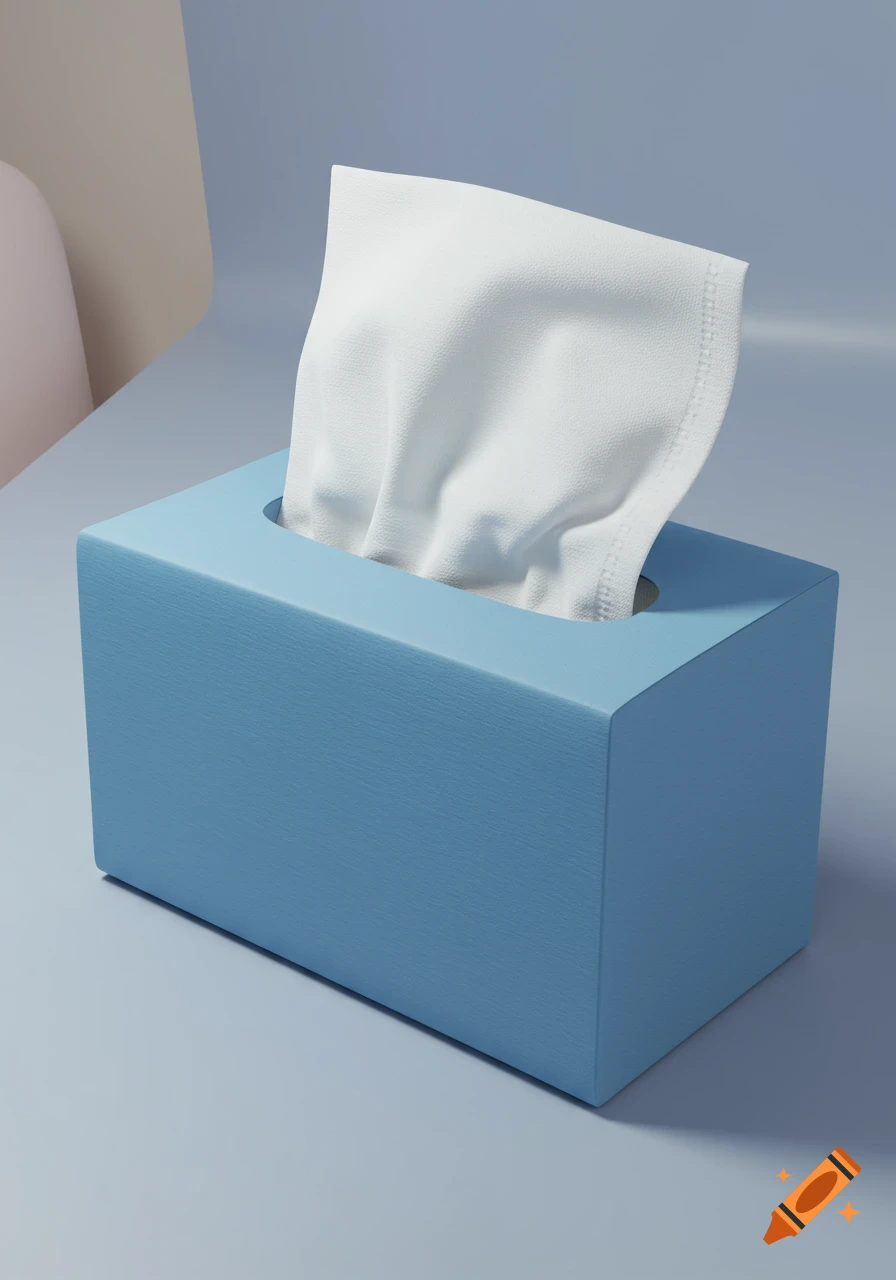 A light blue rectangular tissue box with a white tissue partially pulled out, set against a soft, muted background.