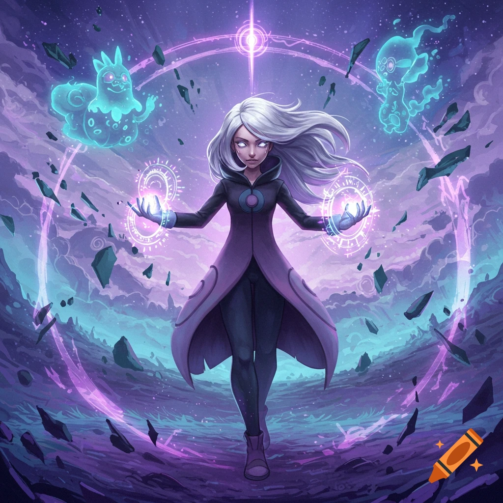 White-haired woman in a purple coat casting magic with two ghost-like creatures in a fantasy landscape, digital art.