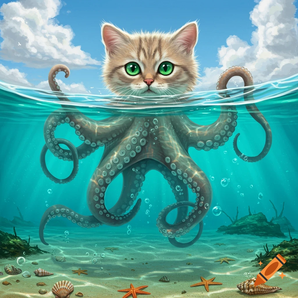 A cute fluffy tabby cat head with green eyes on an octopus body, swimming in clear blue ocean water with starfish.