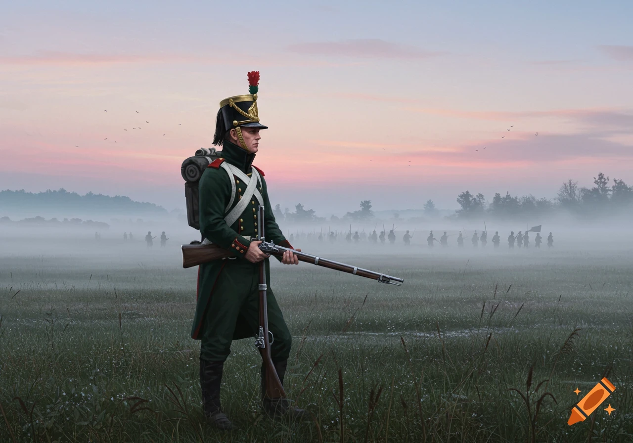 A Napoleonic rifleman in a green uniform stands in a foggy field at dawn, holding a musket, with other soldiers in the distant mist.