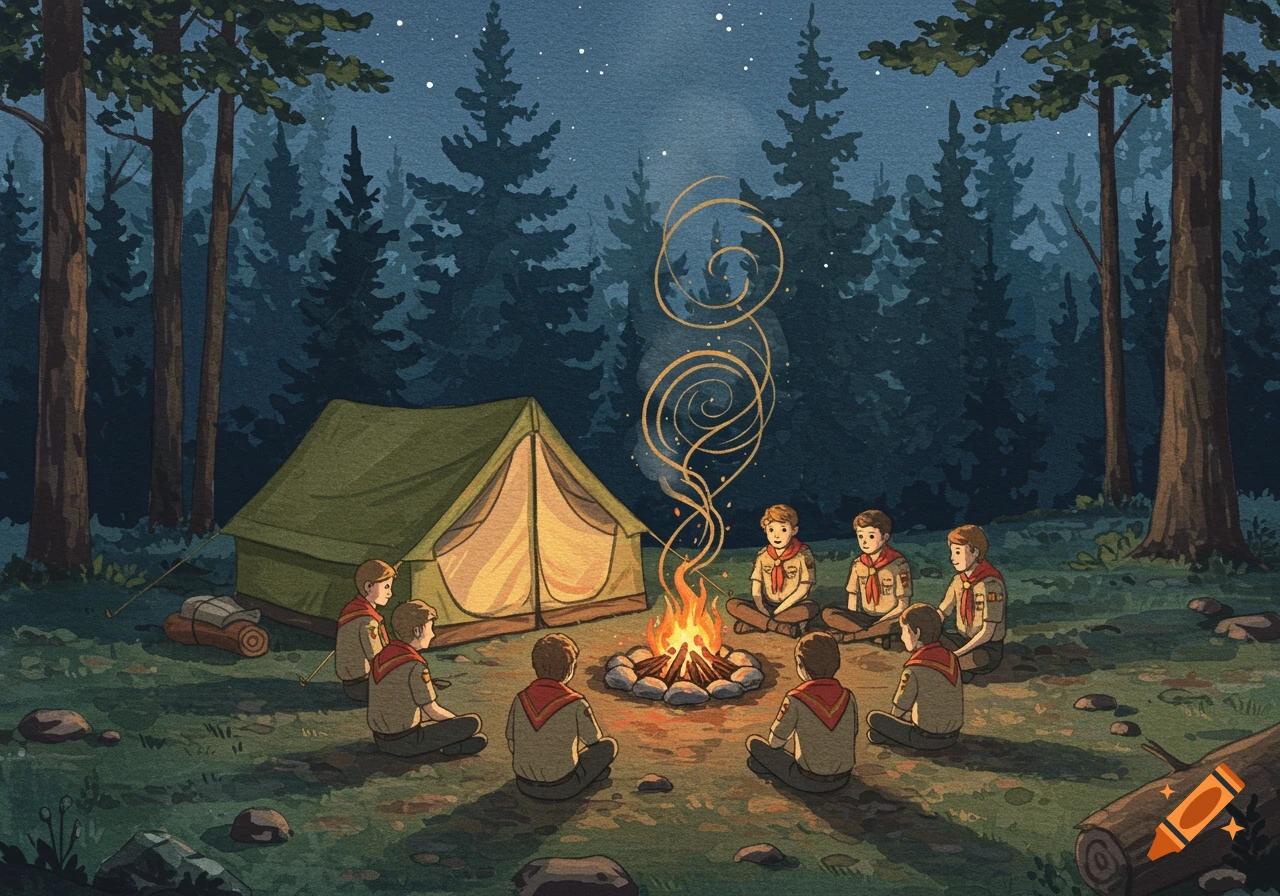 Watercolor illustration of scouts sitting around a campfire in a forest at night, with a tent nearby.