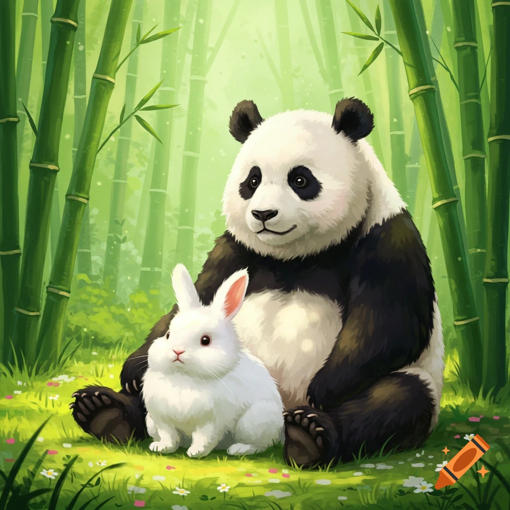 An illustration of a panda and a white rabbit sitting together in a vibrant green bamboo forest with small flowers on the grass.