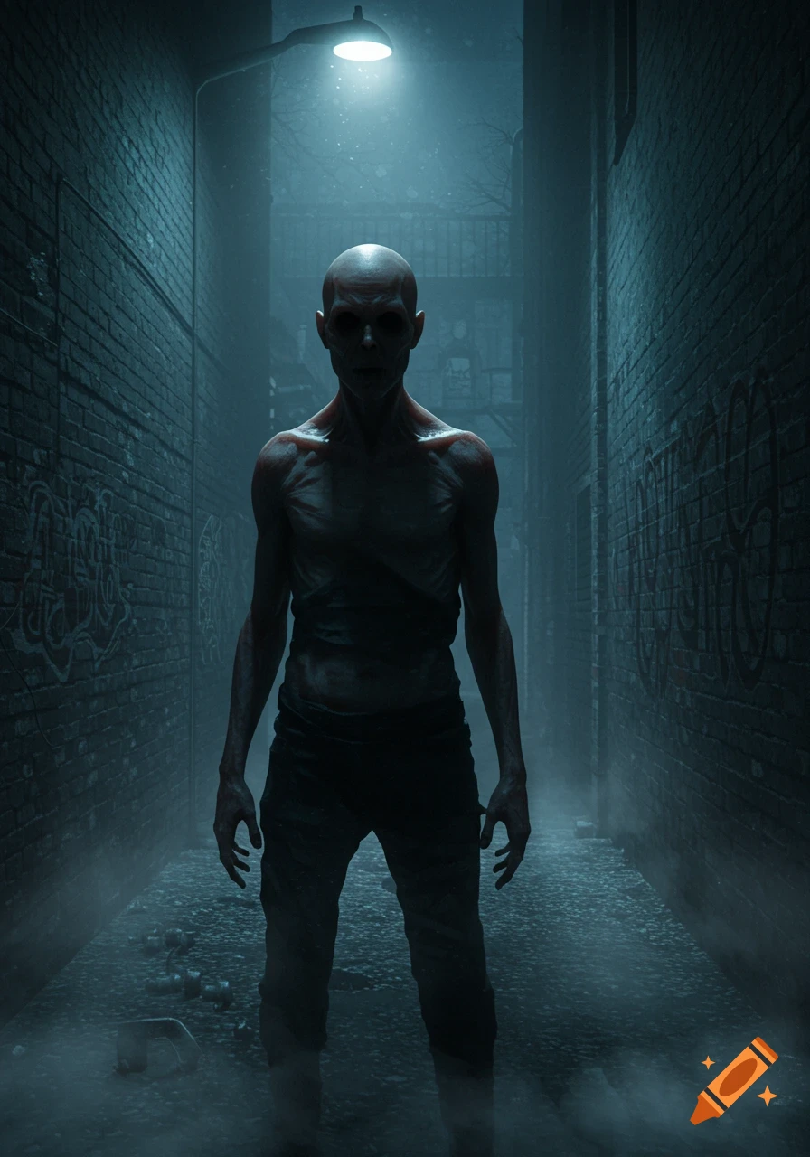A photorealistic horror image of an emaciated, pale, bald man with dark eyes standing in a foggy, dimly lit alley.