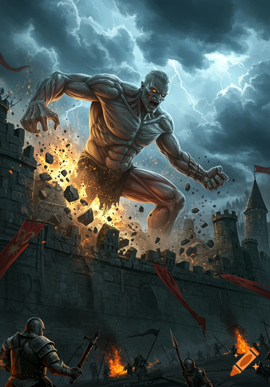 A colossal, pale giant with glowing eyes smashes through a castle wall under a stormy sky while knights battle.