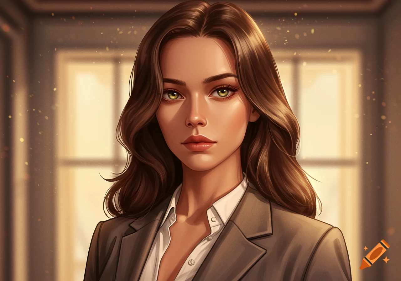 Stylized digital art portrait of a young woman with long brown hair and hazel eyes, wearing a brown blazer, looking thoughtful.