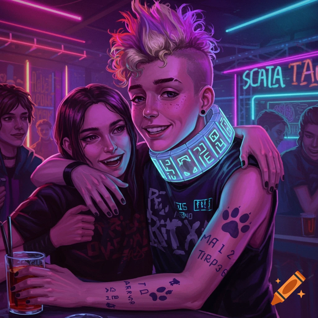 Two young punks, one with a glowing cyber-collar and colorful hair, hug and smile in a neon-lit cyberpunk bar. Others are blurred in the background.