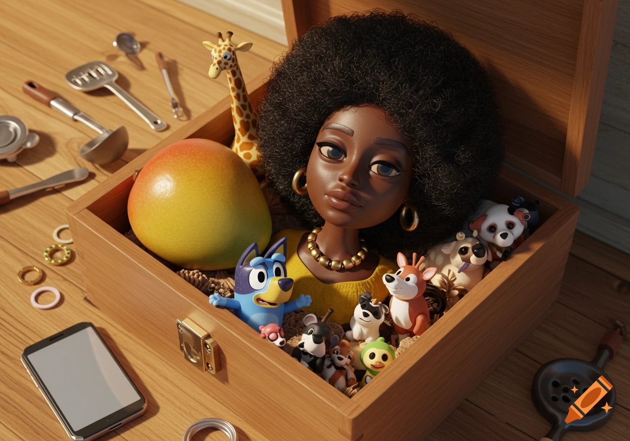 A detailed 3D render of an African American female figurine with an afro, a mango, Bluey, and other toys in a wooden box, surrounded by cooking utensils and a phone.